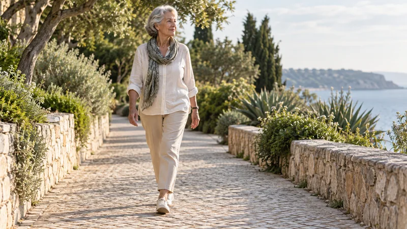Mulher mais velha caminha por um percurso costeiro entre árvores e vegetação.