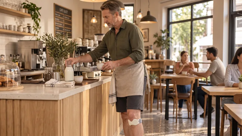 Profissional de cafetaria de pé com a MUVYLO Band marfim colocada abaixo da rótula.
