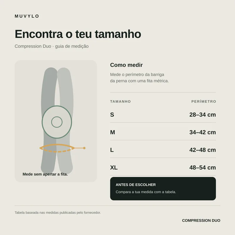 Guia de tamanhos S, M, L e XL da MUVYLO Compression Duo: medir o perímetro da barriga da perna
